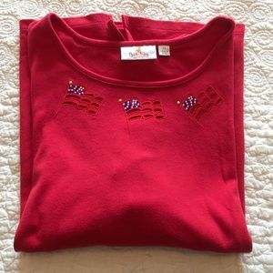 QF red 3/4 sleeve round neck top with 3 embellished US flag cutouts (2X)
